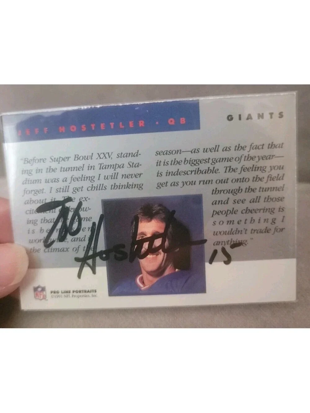 Jeff Hostetler Signed 1991 Pro Line Portraits NFL Card Auto #15 Embossed Seal
